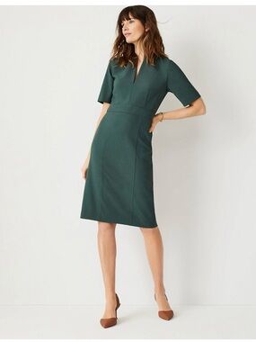 Betabrand Deep Green V-Notch Midi Sheath Dress with pockets small